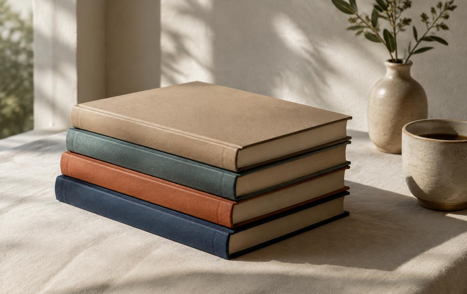 Books from The Your Self Collection on a linen table in morning light